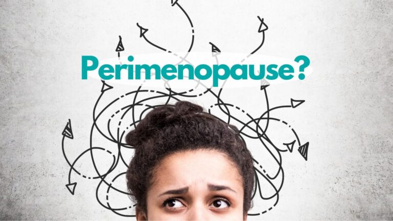 Woman looking confused with illustrated arrows swirling above her head and the word “Perimenopause?” overhead, representing uncertainty about early menopause symptoms.