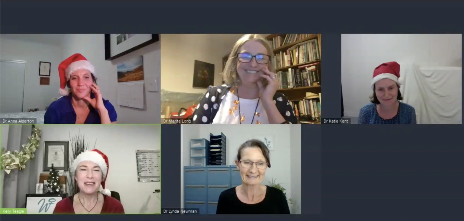 Screenshot of a virtual webinar with five women wearing festive hats, representing WellFemme’s 2021 Christmas Gift Q&A session.