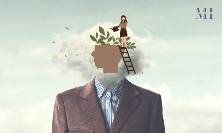 Conceptual illustration of a businessman with a plant growing from his head while a woman stands on a ladder tending the leaves, symbolising smart stress and sustainable performance.