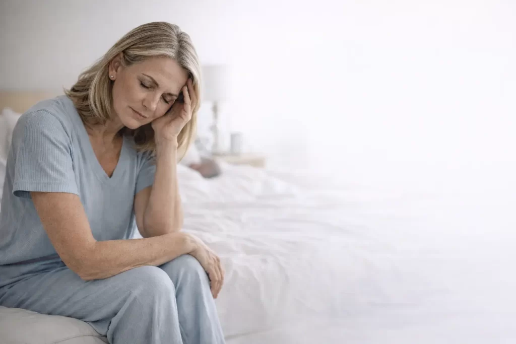Middle-aged woman sitting on her bed looking fatigued and reflective, representing common menopause symptoms such as sleep issues, mood changes and exhaustion